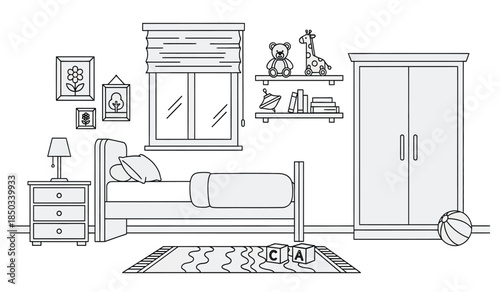 a simple line drawing depicts a cozy children s bedroom featuring a bed wardrobe window and playful decorative elements creating a warm atmosphere