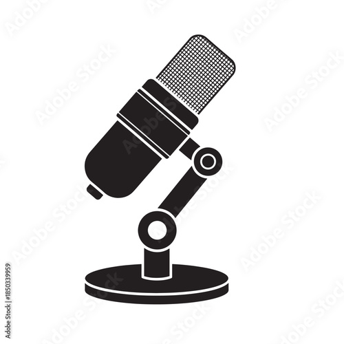 Microphone on stand in simple flat design with black color on white background for podcasting
