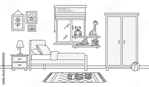 a charming black and white illustration depicts a cozy children s bedroom featuring a bed wardrobe window and playful decorative elements high quality