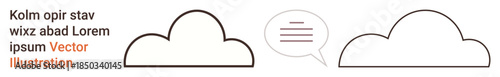 Cloud computing, digital communication, online storage, technology connections, data exchange, networking. Two outlined cloud icons with a speech bubble and text. Cloud computing and digital