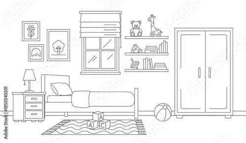 a simple line drawing depicts a cozy children s bedroom featuring a bed wardrobe window bookshelf and playful decorative elements throughout the room