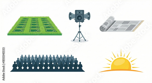 Diverse vector icon collection representing public communication, information media, community gatherings, structured spaces, and the promise of new beginnings