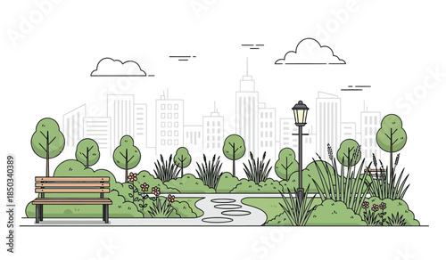 a serene park scene with a winding path lush greenery a wooden bench and a distant cityscape under a cloudy sky high quality