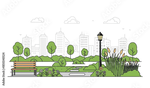 a serene park scene showcasing a wooden bench lush greenery a winding path and a distant cityscape under a cloudy sky high quality
