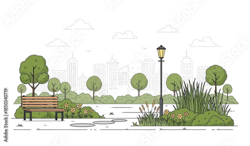 a serene park landscape illustration depicts a wooden bench nestled amongst lush greenery with a city skyline visible in the distance under a cloudy sky