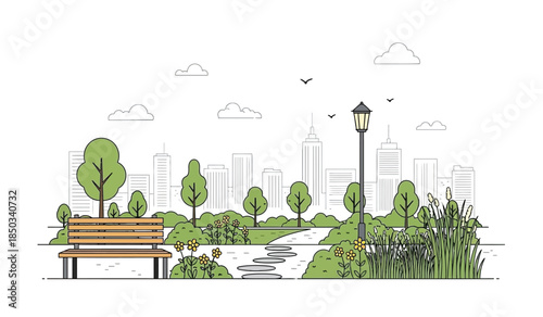 a charming illustration depicts a peaceful park scene with a wooden bench lush greenery and a distant city skyline under a cloudy sky