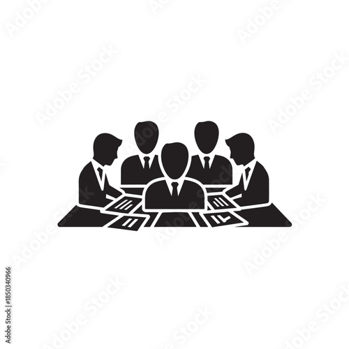 Business meeting silhouettes in minimalist style with black and white color scheme on plain background for corporate use