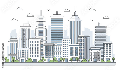 A minimalist cityscape illustration depicts several tall skyscrapers with a clean linear style showcasing a modern metropolitan skyline against a cloudy backdrop