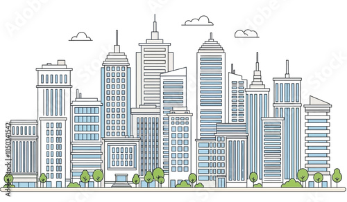 an illustrated skyline depicts a modern city with towering skyscrapers and a light blue color scheme showcasing urban architecture high quality professional detailed