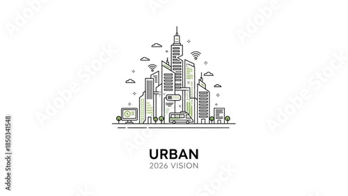 Smart City Line Art Illustration with Modern Buildings and Connected Technology, Future Urban Vision