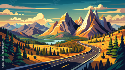 Very beautiful scenic road connecting Yellowstone National Park to Grand Teton National Park, Wyoming, winding through valleys, forests, and mountains under expansive western skies.