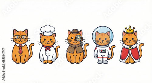 Cute cartoon cats depicting various professional and imaginative roles, including a businessman, chef, detective, astronaut, and king, ideal for diverse graphic projects