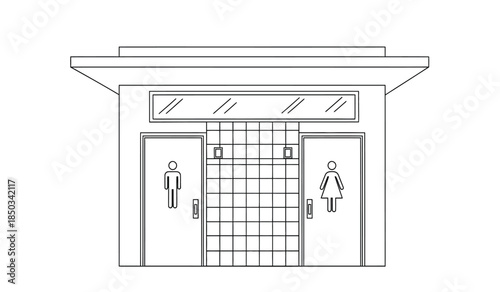 a simple black and white line drawing depicts a public restroom facade with separate entrances for men and women showcasing accessibility high quality