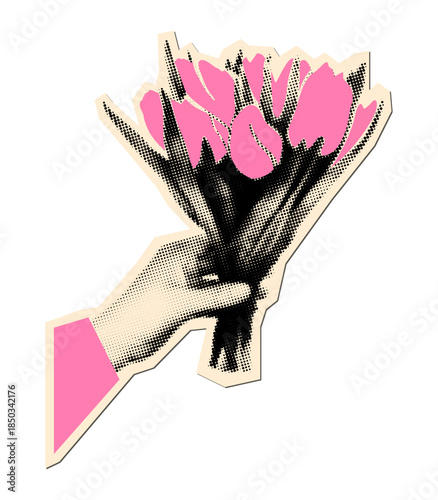 Female halftone hand giving bouquet of pink tulips, holding bunch of cut out spring flowers. Modern retro grunge mixed media vector illustration for collage and scrapbook