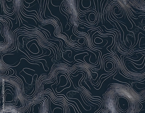 Intricate, winding contour lines pattern on a dark background, creating a topographic or abstract, flowing texture