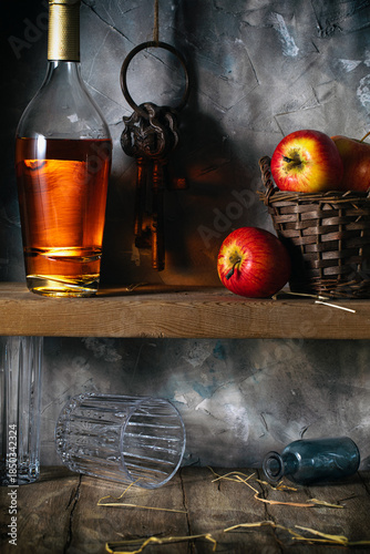 A bottle of cognac and red apples on a wooden shelf