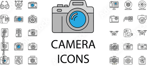 Flat Line Camera Icon Set Featuring Digital DSLR Mirrorless Action Cam Drone and Video Equipment for Photography Studio Branding Web Design and Multimedia Apps