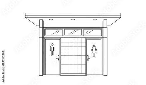 this is a simple black and white line drawing of a public restroom entrance displaying icons for male and female facilities and a central doorway