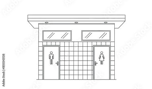 A simple black and white line drawing depicts a public restroom facility with separate entrances for men and women featuring tiled walls and doors