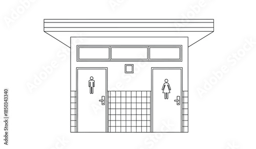 A simple line drawing depicts a public restroom building with separate male and female entrances featuring a grid patterned ventilation area and a minimalistic design