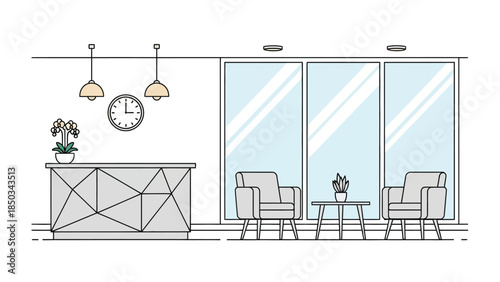 a minimalist interior design showcases a reception desk waiting area chairs and large windows creating a welcoming space with subtle decorative elements