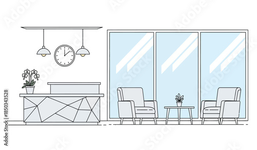 a minimalist reception area features a geometric front desk a wall clock comfortable seating and large windows providing ample natural light high quality