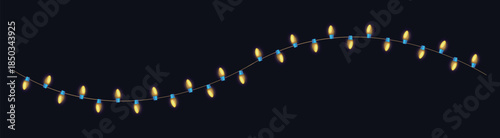 Twinkling warm yellow string lights on a wavy blue wire creating a festive decoration