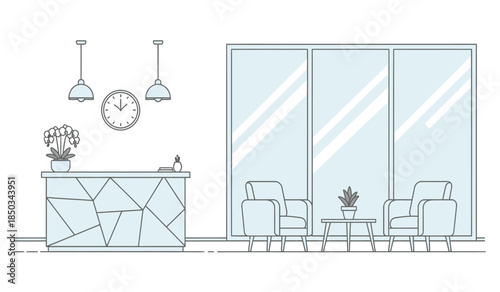 a minimalist interior design showcases a reception desk a wall clock and comfortable seating near a large window high quality professional detailed modern