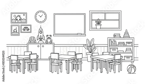 a detailed black and white illustration depicts a classroom setting with desks chairs a whiteboard and decorative elements like pictures and plants