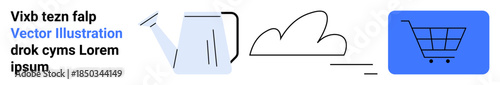 Online shopping, digital storage, sustainability, e-commerce, cloud technology, eco-friendly concepts. Minimalist icons of a shopping cart, cloud and watering can. Online shopping and digital