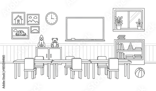 a linear illustration depicts a classroom setting with desks chairs a whiteboard decorations and various learning objects visible within the space high quality