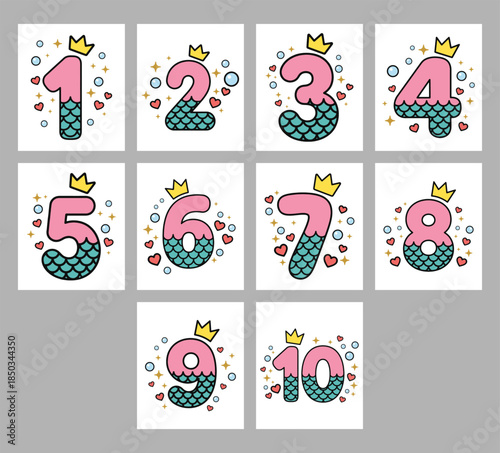 Cute Mermaid Birthday Numbers 1–10 Clipart Set, Kids Nursery Wall Art, Pastel Crown  Birthday Numbers