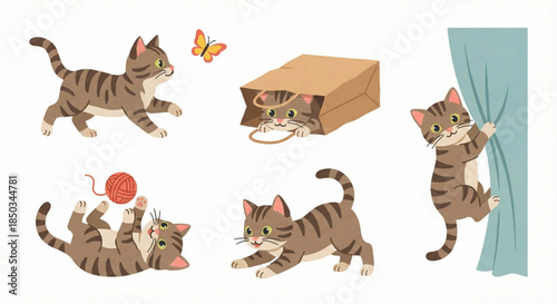 Playful illustration of tabby cats in various whimsical poses, showcasing their curious and energetic nature through fun activities