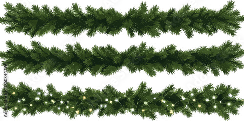 Festive evergreen Christmas garlands with lush pine needles and sparkling lights, perfect for holiday decoration, winter celebrations, and seasonal vector design elements