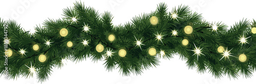 Vibrant green Christmas garland with sparkling yellow lights, perfect for festive holiday season designs and winter celebration backgrounds, isolated on white
