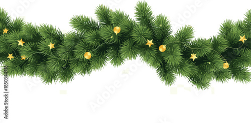 Festive Greenery Garland Decorated with Golden Lights and Star Ornaments for Holiday Celebration