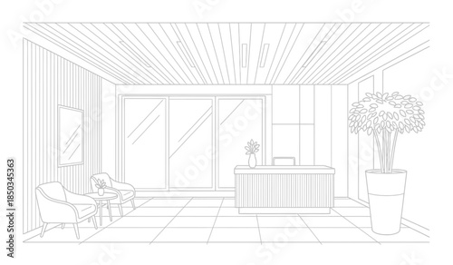 a detailed architectural sketch showcases an elegantly designed interior space featuring a reception desk seating area and large windows overlooking the outside