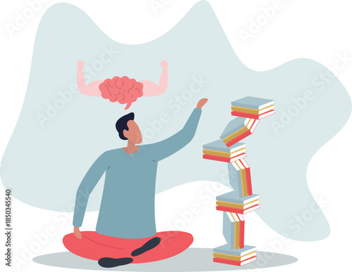 a tall stack of books and a character with a developed intellect.