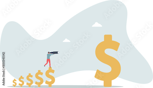 The rise of the dollar. An entrepreneur looks through a telescope.