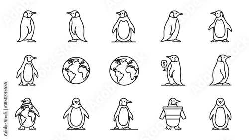 Fifteen line art drawings. Various penguin and globe illustrations in a simple, clean style