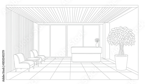 a minimalist interior rendering showcases a waiting area with seating a reception desk and large windows offering a clean modern aesthetic high quality