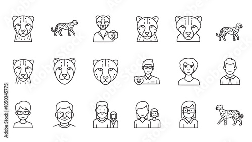 Graphic icons, set of cheetahs and people in thin lines, black on white background. Flat design, clean outlines