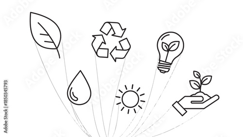 Graphic illustrations of environmental concepts; leaf, recycling, water droplet, sun, lightbulb & growing plant icons