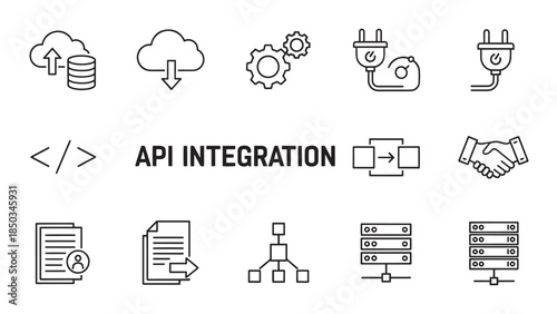Icon set depicting API integration, data management, connectivity, and agreements in a black-and-white minimalist style