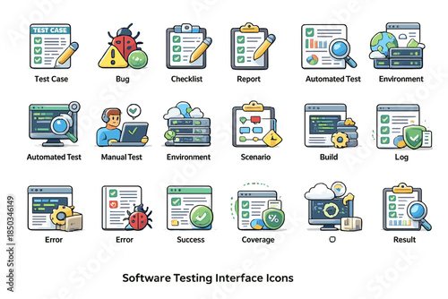 A set of 3D-style icons dedicated to the topic of software testing, in particular, interfaces for QA (Quality Assurance) tools, automated and manual testing.