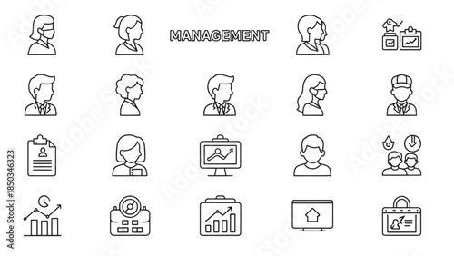 Line art icons depicting management related themes such as people, graphs, tasks, goals, and collaboration