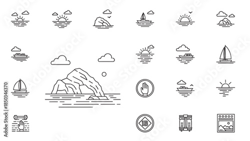 Line art icons depicting scenic ocean views, boats, rocks, sunrise, clouds, and assorted symbols