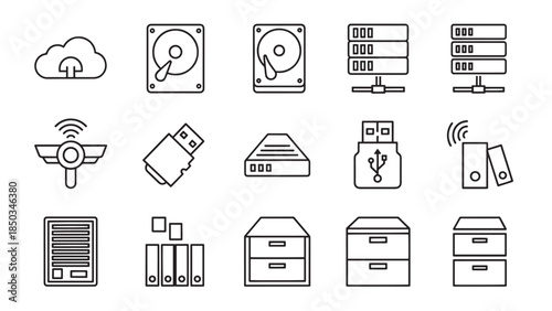 Line art icons depicting various computer, data storage, and office organization symbols on a white background