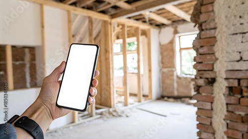Person Holding Cell Phone Mockup at Construction Site with Exposed Brick and Framing
