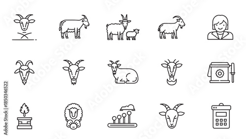Line art icons Goats, sheep, plant, person, machine, landscape, calculator in black outline on a white background